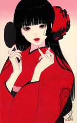 Rule 34 | 1girl, artist name, asian, black eyes, black hair, black sash, blunt bangs, colored text, commentary request, cursive, diamond (shape), eyelashes, gradient background, hair ornament, hair over shoulder, hand mirror, highres, holding, holding mirror, japanese clothes, kimono, limited palette, lipstick, long sleeves, looking at viewer, makeup, mirror, narumi hosokawa, obi, original, pale skin, pink background, red kimono, red lips, red nails, sash, traditional media, upper body, watermark, white background, wide sleeves