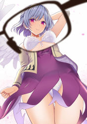Rule 34 | 1girl, amisu, arm behind head, arm up, beige jacket, blush, bra, braid, breasts, commentary request, cowboy shot, dress, feathered wings, french braid, from below, glasses, gluteal fold, jacket, kishin sagume, long sleeves, looking at viewer, looking down, medium breasts, midriff, open clothes, open jacket, panties, pantyshot, purple dress, purple eyes, short dress, short hair, silver hair, single wing, smile, solo, standing, thigh gap, thighs, touhou, underwear, white background, white bra, white panties, white wings, wings, x-ray