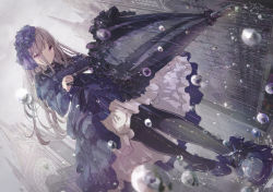 Rule 34 | 1girl, black pantyhose, black umbrella, blue dress, blue flower, blue footwear, blurry, blurry foreground, breasts, brown hair, building, closed umbrella, commentary request, crying, crying with eyes open, depth of field, dress, dutch angle, fence, flower, from below, gothic lolita, hair flower, hair ornament, highres, holding, holding umbrella, juliet sleeves, lolita fashion, long hair, long sleeves, looking at viewer, missile228, off-shoulder dress, off shoulder, original, pantyhose, puffy sleeves, rain, red eyes, shoes, small breasts, solo, standing, standing on one leg, tears, tower, umbrella, very long hair, water drop