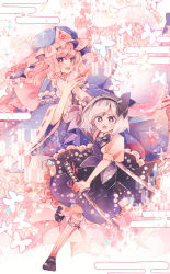 Rule 34 | 2girls, blue eyes, blue kimono, bright pupils, bug, butterfly, cherry blossoms, commentary, egasumi, hat, highres, holding, holding sword, holding weapon, insect, japanese clothes, katana, kimono, konpaku youmu, looking at viewer, mary janes, mob cap, multiple girls, perfect cherry blossom, pink hair, puffy short sleeves, puffy sleeves, ratto (mobilis 1870), red eyes, saigyouji yuyuko, shoes, short sleeves, silver hair, skirt, socks, sparkle, sword, touhou, weapon, white legwear, white pupils, yagasuri