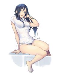 Rule 34 | 1girl, amagi (mczk), arm support, bare legs, barefoot, blue eyes, blue hair, bra, breasts, hair over breasts, tucking hair, long hair, medium breasts, no pants, open mouth, original, panties, see-through, shirt, simple background, sitting, smile, solo, t-shirt, underwear, wet, wet clothes, wet shirt, white background, white panties