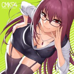 Rule 34 | 1girl, adjusting eyewear, black thighhighs, blue skirt, breasts, cleavage, closed mouth, collarbone, downblouse, dress shirt, fate/grand order, fate (series), garter straps, glasses, green background, hair between eyes, hand on own hip, jewelry, large breasts, leaning forward, long hair, looking at viewer, necklace, purple hair, red eyes, scathach (fate), shirt, shoukaki (earthean), skirt, sleeves rolled up, smile, solo, thighhighs, thighs