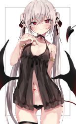 Rule 34 | 1girl, absurdres, arm behind back, armlet, babydoll, black babydoll, black panties, black ribbon, black wings, blush, breasts, closed mouth, cowboy shot, crossed bangs, demon girl, demon tail, demon wings, grey hair, hair ribbon, hand up, highres, long hair, looking at viewer, navel, no pants, original, paid reward available, panties, pointy ears, ribbon, simple background, small breasts, solo, standing, stomach tattoo, sweat, tail, tattoo, thigh strap, toshizou (0714), twintails, underwear, very long hair, white background, wings