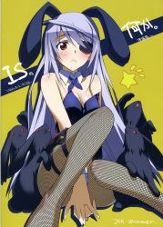 Rule 34 | 10s, 1girl, 2011, :&lt;, animal ears, bare shoulders, blush, body blush, breasts, cleavage, cover, cover page, detached collar, eyepatch, fake animal ears, fishnet pantyhose, fishnets, highres, infinite stratos, kinako (kinako no yama), kinako no yama, kurashima tomoyasu, laura bodewig, leotard, long hair, medium breasts, pantyhose, playboy bunny, rabbit, rabbit ears, red eyes, silver hair, sitting, solo, star (symbol), thigh strap, thighhighs, wrist cuffs