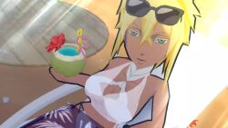 Rule 34 | 1girl, animated, ass, beach, bikini, bleach, bleach: brave souls, blonde hair, breasts, chibi, cleavage, coconut cup, colored eyelashes, cup, dark-skinned female, dark skin, drinking glass, facial mark, female focus, green eyes, highres, holding, holding cup, large breasts, navel, smile, stomach, sunglasses, sunglasses on head, surfboard, swimsuit, tier harribel, underboob, video, white bikini