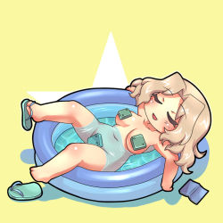 Rule 34 | 10s, 1girl, blonde hair, blush, book, breasts, girls und panzer, kay (girls und panzer), navel, nude, open mouth, partially submerged, sandals, sankuma, shoe dangle, short hair, single shoe, sleeping, smile, solo, wading pool, water