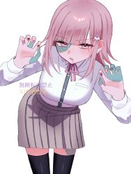 1girl absurdres black_thighhighs blush breasts brown_hair collared_shirt danganronpa_(series) danganronpa_2:_goodbye_despair flipped_hair galaga hair_ornament highres long_sleeves looking_at_viewer medium_hair nanami_chiaki neck_ribbon outstretched_arms pink_eyes pink_ribbon pleated_skirt ribbon shirt skirt solo su_no_(su_no090) thighhighs white_shirt zettai_ryouiki zombie zombie_pose