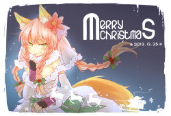 Rule 34 | .hack//, 10s, 1girl, 2012, animal ears, blue background, braid, breasts, christmas, colored eyelashes, dated, detached sleeves, dress, fingerless gloves, flower, fox ears, fox tail, gloves, green eyes, guilty dragon, hair flower, hair ornament, highres, holly, holly hair ornament, kokore (guilty dragon), long hair, merry christmas, pink hair, poinsettia, quad tails, smile, solo, soszoz, tail
