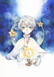 Rule 34 | 1boy, artist name, blue background, blue eyes, candle, capelet, closed mouth, dixueya, highres, index finger raised, long sleeves, looking at viewer, male focus, original, painting (medium), shirt, short hair, smile, solo, star (symbol), traditional media, twitter username, upper body, watercolor (medium), white capelet, white hair, white shirt