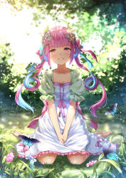 Rule 34 | 1girl, :d, backlighting, barefoot, blue hair, blush, breasts, bug, butterfly, chahei, cleavage, colored inner hair, dress, artistic error, grass, grin, highres, hololive, insect, long hair, looking at viewer, medium breasts, minato aqua, multicolored hair, open mouth, pink eyes, pink hair, sitting, smile, solo, tree, twintails, two-tone hair, virtual youtuber, wariza, wrong foot