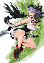 Rule 34 | 1girl, black capelet, black gloves, black skirt, boots, breasts, capelet, glaive (polearm), gloves, halo, high-waist skirt, holding, holding weapon, kantai collection, large breasts, mechanical halo, medium hair, neck ribbon, open mouth, polearm, purple hair, red ribbon, ribbon, shirt, simple background, skirt, sleeveless, sleeveless shirt, solo, tatsuta (kancolle), tatsuta kai ni (kancolle), torn clothes, weapon, white shirt, yellow eyes, yukiyanagi
