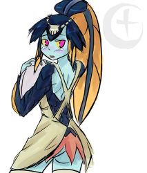 Rule 34 | 1girl, apron, artist request, ass, blue eyes, blue skin, colored sclera, colored skin, female focus, fins, fish girl, hair ornament, minette (skullgirls), monster girl, pink eyes, scales, shell, skullgirls, solo, tray, waitress, yellow sclera