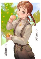 Rule 34 | 1girl, blue sky, blush, brown eyes, brown hair, closed mouth, cloud, dripping, english text, fingernails, food, fruit, half-closed eyes, highres, holding, holding food, holding fruit, long fingernails, maido mido, medium hair, nail polish, orange (fruit), orange nails, original, outdoors, overalls, sky, sleeves past wrists, solo, tree, turtleneck, twintails, wiping face