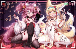 Rule 34 | 2girls, absurdres, ahoge, animal ears, arknights, bespectacled, bikini, black-framed eyewear, black bikini, black dress, black thighhighs, blonde hair, blue hairband, blush, breasts, bridal legwear, china dress, chinese clothes, clothes pull, collarbone, colored skin, condom, condom wrapper, ddddecade, dress, dress pull, flower, fox ears, fox girl, fox tail, fur shawl, glasses, gluteal fold, green eyes, hair flower, hair ornament, hairband, heart, heart-shaped pupils, highres, holding, holding condom, indoors, long hair, looking at viewer, medium breasts, micro bikini, multicolored hair, multiple girls, multiple tails, on one knee, open mouth, pelvic curtain, purple eyes, purple hair, red flower, shamare (arknights), shawl, short hair, sleeveless, sleeveless dress, small breasts, spread legs, squatting, suzuran (arknights), swimsuit, symbol-shaped pupils, tail, thighhighs, two-tone hair, two side up, very long hair, viewfinder, white dress, white hair, white skin, white thighhighs