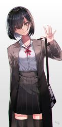 Rule 34 | 1girl, adjusting strap, artist name, bag, black hair, black skirt, black thighhighs, bob cut, bow, brown jacket, chromatic aberration, closed mouth, coat, commentary, cowboy shot, dress shirt, english commentary, hair over one eye, hair strand, hand up, head tilt, highres, jacket, light blush, long bangs, long sleeves, looking at viewer, neck ribbon, open clothes, open jacket, original, pleated skirt, red bow, red ribbon, ribbon, rur (ml ruru), school bag, school uniform, shirt, short hair, signature, skirt, solo, thighhighs, toggles, trench coat, white background, white shirt, yellow eyes, zettai ryouiki