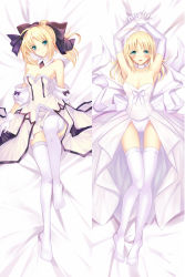 Rule 34 | 1girl, ahoge, aqua eyes, armpits, arms up, artoria pendragon (all), artoria pendragon (fate), bed sheet, bison cangshu, blonde hair, bow, breasts, choker, cleavage, dakimakura (medium), detached sleeves, dress, fate/stay night, fate/unlimited codes, fate (series), gloves, hair bow, hair ribbon, highres, long hair, looking at viewer, lying, medium breasts, multiple views, ponytail, ribbon, saber (fate), saber lily, thighhighs, white dress, white gloves, white thighhighs