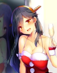 Rule 34 | 1girl, :d, alcohol, alternate costume, arm ribbon, bare shoulders, black hair, blush, bra, breasts, brown eyes, champagne flute, cleavage, collarbone, cup, dress, drinking glass, fingerless gloves, fur-trimmed dress, fur-trimmed gloves, fur trim, gloves, hair ornament, hairband, hairclip, halterneck, haruna (kancolle), head tilt, headgear, highres, holding, holding cup, kantai collection, large breasts, long hair, looking at viewer, night, open mouth, red dress, red gloves, reflection, ribbon, sidelocks, smile, solo, strapless, strapless dress, swept bangs, tsukui kachou, underwear, white bra, white ribbon, window