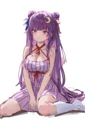 Rule 34 | 1girl, bare shoulders, between legs, blue eyes, blunt bangs, breasts, cleavage, crescent, crescent pin, double bun, dress, expressionless, hair bun, hand between legs, highres, large breasts, long hair, looking at viewer, patchouli knowledge, purple dress, purple hair, red ribbon, reddizen, ribbon, sidelocks, sitting, sketch, socks, solo, striped clothes, striped dress, touhou, vertical-striped clothes, vertical-striped dress, wariza, white background, white socks