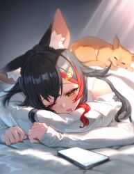Rule 34 | 1girl, animal, animal ears, animal on back, black hair, blush, cat, cellphone, commentary request, crossed bangs, hair ornament, half-closed eyes, hololive, izumi sai, long hair, long sleeves, lying, multicolored hair, on bed, on stomach, one eye closed, ookami mio, ookami mio (casual), open mouth, orange eyes, phone, pillow, red hair, sleepy, sleeves past wrists, streaked hair, taiga (ookami mio), virtual youtuber, wolf ears, wolf girl