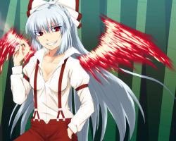 Rule 34 | 1girl, armband, bad id, bad pixiv id, bamboo, blue hair, bow, breasts, cigarette, collarbone, female focus, fire, fujiwara no mokou, grin, hair bow, hand in pocket, hime cut, juliet sleeves, long hair, long sleeves, looking at viewer, open clothes, open shirt, puffy sleeves, red eyes, shirt, smile, solo, suspenders, toshiya@tsuitta, toshiya (harukaze), touhou, very long hair, wings