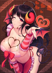 Rule 34 | 1girl, ahoge, apron, arched back, arm support, ass, bat wings, black wings, bra, breasts, candy, chocolate, chocolate heart, cleavage, collarbone, commentary request, covered erect nipples, cowboy shot, demon girl, food, frilled apron, frills, heart, heart tail, highres, horns, kurojo ayane, large breasts, leaning forward, long hair, looking at viewer, nail polish, navel, one eye closed, original, pink bra, pointy ears, purple hair, red apron, red eyes, shiny skin, sidelocks, solo, standing, tail, underwear, valentine, wings
