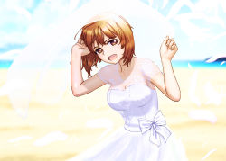 Rule 34 | 1girl, absurdres, bare shoulders, beach, blurry, blurry background, breasts, bridal veil, brown eyes, brown hair, commentary, day, depth of field, dress, feathers, girls und panzer, highres, horizon, long dress, looking at viewer, medium breasts, mushinosuke, nishizumi miho, ocean, open mouth, outdoors, short hair, smile, solo, standing, strapless, strapless dress, veil, wedding dress, white dress