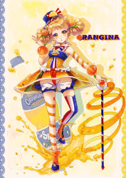 Rule 34 | 1girl, absurdres, asymmetrical clothes, blush, bottle, cane, dorris, dress, earrings, food, france, fruit, hair ornament, highres, jewelry, juice, matching hair/eyes, orange (fruit), orange eyes, orange hair, orange juice, orange peel, orangina, original, personification, ribbon, shoes, single thighhigh, smile, solo, splashing, symbol-shaped pupils, thighhighs, wristband