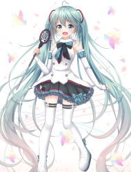 Rule 34 | 1girl, :d, ahoge, akira (been0328), bad id, bad pixiv id, black skirt, blouse, blue eyes, blush, boots, commentary request, detached sleeves, frilled skirt, frills, green hair, hair between eyes, hatsune miku, heart, heart ahoge, highres, holding, holding microphone, holding wand, long hair, long sleeves, looking at viewer, magical girl, magical mirai (vocaloid), magical mirai miku, magical mirai miku (2017), microphone, open mouth, pleated skirt, shirt, sidelocks, skirt, sleeveless, sleeveless shirt, sleeves past wrists, smile, solo, standing, standing on one leg, thigh boots, thighhighs, twintails, very long hair, vocaloid, wand, white footwear, white shirt, white thighhighs
