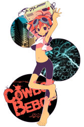Rule 34 | 1990s (style), 1girl, 8055, antenna hair, arms up, barefoot, bike shorts, black eyes, blush stickers, clothes lift, computer, cowboy bebop, dark-skinned female, dark skin, edward wong hau pepelu tivrusky iv, feet, flat color, goggles, goggles on head, midriff, navel, object on head, red hair, retro artstyle, shirt lift, short hair, smile, solo, tan, wind, wind lift