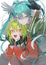 2girls absurdres aqua_eyes aqua_hair black_gloves facial_mark gloves green_hair green_jacket gumi hair_between_eyes hands_on_own_cheeks hands_on_own_face hatsune_miku headphones highres hood hoodie jacket long_hair long_sleeves matryoshka_(vocaloid) multiple_girls open_mouth orange_eyes red_jacket sakusya2honda short_hair sidelocks simple_background track_jacket twintails twitter_username upper_body vocaloid white_background