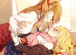 Rule 34 | 2girls, alternate costume, black jacket, blazer, blonde hair, blue skirt, bow, bowtie, braid, breasts, brown hair, commentary request, contemporary, curtains, desk, closed eyes, food, food in mouth, hair bow, hakurei reimu, indoors, jacket, kirisame marisa, long hair, long sleeves, looking at another, lying, medium breasts, miniskirt, mouth hold, multiple girls, no headwear, no headwear, off shoulder, on back, open clothes, open jacket, pink bow, pink scarf, piyokichi, plaid, plaid skirt, pocky, red skirt, scarf, school desk, school uniform, shirt, single braid, skirt, touhou, white shirt, window, yellow bow, yellow neckwear, yuri