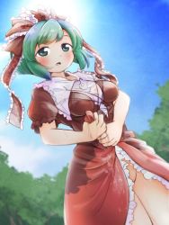 Rule 34 | 1girl, alternate hairstyle, blue sky, blurry, blurry background, breasts, brown dress, cowboy shot, day, dress, dutch angle, green eyes, green hair, hair ribbon, itatatata, kagiyama hina, looking at viewer, medium breasts, multicolored clothes, multicolored dress, no panties, outdoors, puffy short sleeves, puffy sleeves, red dress, red ribbon, ribbon, short hair, short sleeves, sky, solo, summer, touhou, water, wet, wet clothes, wringing clothes