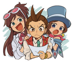 Rule 34 | 1boy, 2girls, :d, ace attorney, antenna hair, apollo justice, behind another, blue eyes, blue headwear, blue necktie, bracelet, brown eyes, brown hair, cape, closed mouth, dress, earrings, ema skye, eyewear on head, formal, glasses, gloves, green eyes, half updo, hand on another&#039;s shoulder, hat, holding, holding paper, jacket, jewelry, lab coat, long hair, multiple girls, necktie, nono (norabi), open mouth, paper, scarf, shirt, short hair, simple background, sleeves rolled up, smile, suit, sweatdrop, top hat, trucy wright, vest, white background, white gloves