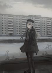 Rule 34 | 1girl, beret, black bow, black footwear, black hat, black jacket, black pantyhose, black skirt, bow, braid, building, chihuri, closed mouth, cloud, cloudy sky, collared shirt, dress shirt, eva (chihuri), eve (chihuri), eyepatch, full body, grey eyes, grey hair, grey shirt, hair bow, hand in pocket, hat, highres, jacket, loafers, long hair, long sleeves, looking away, medical eyepatch, open clothes, open jacket, original, outdoors, overcast, pantyhose, shirt, shoes, skirt, sky, solo, standing