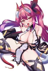 Rule 34 | 1girl, areola slip, bare shoulders, black thighhighs, blush, breasts, cleavage, detached sleeves, fellatio gesture, gradient hair, hair ornament, highres, horns, large breasts, long hair, looking at viewer, multicolored hair, open mouth, original, pink hair, ponytail, purple eyes, revealing clothes, shirokuma a, simple background, solo, spread legs, squatting, tail, thighhighs, thighs, tongue, tongue out, white background, yellow eyes