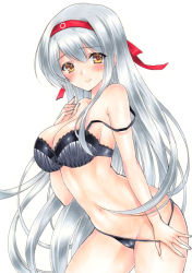 Rule 34 | 1girl, black bra, black panties, bra, breasts, brown eyes, cleavage, closed mouth, grey hair, hairband, hand on own chest, kantai collection, large breasts, leaning forward, long hair, looking at viewer, marker (medium), navel, panties, panty pull, pulled by self, red hairband, ren (endscape20), shoukaku (kancolle), simple background, smile, solo, standing, straight hair, tareme, traditional media, underwear, underwear only, very long hair, white background