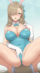 Rule 34 | 1girl, animal ears, anus, anus peek, areola slip, asuna (blue archive), asuna (bunny) (blue archive), blue archive, blue eyes, blush, bow, bowtie, breasts, cleavage, detached collar, fake animal ears, gloves, hair over one eye, highres, large breasts, leotard, long hair, looking at viewer, mole, mole on breast, nt00, pantyhose, playboy bunny, pussy, cameltoe, rabbit ears, simple background, solo, spread legs, spread pussy, spread pussy under clothes, traditional bowtie, white gloves