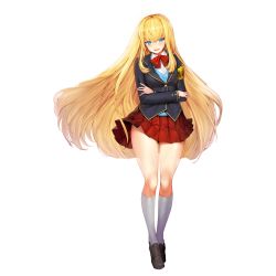 Rule 34 | 1girl, armband, blonde hair, blue eyes, blush, brown footwear, cardinal armand, crossed arms, full body, game cg, highres, kneehighs, last origin, loafers, long hair, official art, open mouth, pleated skirt, red skirt, school uniform, shoes, sidelocks, skirt, snowball22, socks, solo, tachi-e, thighs, transparent background, very long hair, white socks