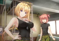 Rule 34 | 2girls, bed, black shirt, black tank top, breasts, bunk bed, camouflage, camouflage pants, clenched hands, covered erect nipples, dog tags, ellen aice, flat chest, game cg, hair intakes, highres, large breasts, looking at viewer, low ponytail, miono shizuku, multiple girls, muv-luv, muv-luv alternative, muv-luv unlimited: the day after, official art, open mouth, pants, pink hair, purple eyes, sayori (neko works), shaded face, shirt, shirt tucked in, small breasts, smile, surprised, tank top, two side up, white eyes