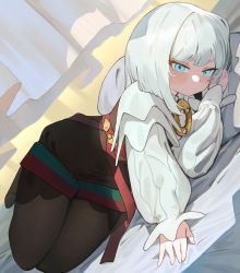 Rule 34 | 1girl, akershus fortress (oshiro project), blue eyes, brown pantyhose, brown skirt, closed mouth, commission, dot mouth, grey hair, high-waist skirt, highres, long sleeves, looking at viewer, lying, on bed, on side, oshiro project:re, pantyhose, pixiv commission, pov across bed, ryusei hashida, skirt, solo, sweater, white sweater