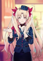 Rule 34 | 1girl, black bow, black choker, blonde hair, blue jacket, blush, bow, choker, ereshkigal (fate), ereshkigal (festival outfit) (fate), fate/grand order, fate (series), flying sweatdrops, hair ribbon, jacket, long hair, nervous, nervous smile, parted bangs, red ribbon, ribbon, smile, solo, sweat, tilted headwear, trembling, two side up, very long hair, yaoshi jun