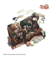 Rule 34 | 1boy, belt, black hair, brown footwear, brown hair, company name, copyright name, food fantasy, full body, glasses, gloves, hand on own face, highres, holding, looking at viewer, male focus, official art, paintbrush, partially fingerless gloves, rezia, simple background, sitting, smoke, solo, tail, tanuki, tanuki soba, wallet, white background