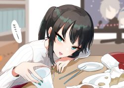 Rule 34 | 1girl, black hair, blurry, blurry background, blush, cake, cake slice, chopsticks, commentary request, cup, earrings, eyelashes, eyeshadow, fate/grand order, fate (series), flower, flower earrings, food, fruit, green eyes, green nails, holding, holding cup, jewelry, jing ke (fate), long hair, long sleeves, looking at viewer, makeup, nail polish, open mouth, plate, red eyeshadow, smile, solo, strawberry, television, translated, ugetsu (chimere/marie), white flower