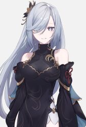 Rule 34 | 1girl, bare shoulders, black dress, breasts, commentary request, detached sleeves, dress, genshin impact, grey background, grey eyes, grey hair, highres, long hair, long sleeves, looking at viewer, medium breasts, official alternate costume, oyasumi (oyasumign8), shenhe (frostflower dew) (genshin impact), shenhe (genshin impact), simple background, sleeveless, sleeveless dress, smile, solo, upper body, very long hair
