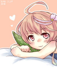 Rule 34 | 10s, 1girl, :3, ahoge, akapocho, bitter melon, blush, hair ornament, heart, highres, i-58 (kancolle), kantai collection, looking at viewer, name connection, object namesake, on bed, pink eyes, pink hair, school swimsuit, short hair, solo, swimsuit