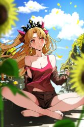 Rule 34 | 1girl, absurdres, alternate costume, black nails, blonde hair, bow, breasts, cleavage, cloud, cloudy sky, collarbone, crossed legs, ereshkigal (fate), fate/grand order, fate (series), flower, fukou, hair bow, highres, infinity symbol, long hair, medium breasts, nail polish, off shoulder, parted bangs, red eyes, short shorts, shorts, sky, solo, sunflower, tiara, wind