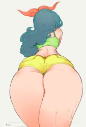 Rule 34 | 1girl, ass, ass focus, bare shoulders, blue eyes, bow, crop top, dragon ball, edu pompom, from behind, highres, long hair, lunch (dragon ball), red bow, short shorts, shorts, sleeveless, solo, thick thighs, thighs, white background