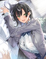 Rule 34 | 1girl, 1other, black hair, blazer, blue bow, blue bowtie, bow, bowtie, breasts, button gap, buttons, collared shirt, curtains, green eyes, hair bow, highres, hitotsuba kaede, indoors, jacket, kakao (chocolate land), large breasts, long hair, long sleeves, looking at viewer, lying, on bed, on side, open clothes, open jacket, open mouth, pillow, pov, ryoushin no shakkin, school uniform, shirt, solo focus, white shirt