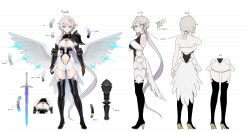 Rule 34 | 1girl, absurdres, angel wings, armor, back, backless outfit, bare shoulders, blue eyes, boots, breasts, character sheet, clothing cutout, color guide, commentary, elbow gloves, english commentary, full body, gloves, gluteal fold, grey hair, hair between eyes, high heel boots, high heels, highres, liora walkyria, long hair, looking at viewer, low wings, multiple views, navel, official art, ohisashiburi, shoulder armor, simple background, smile, standing, stomach cutout, sword, thigh boots, thighhighs, v&amp;u entertainment, very long hair, virtual youtuber, weapon, white background, wings