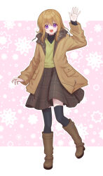 Rule 34 | 1girl, blush, boots, brown hair, coat, commission, full body, hand up, long hair, long sleeves, looking at viewer, open mouth, original, plaid, plaid skirt, purple eyes, skeb commission, skirt, smile, solo, standing, standing on one leg, sweater, thighhighs, tokifuji kougetsu, turtleneck, waving